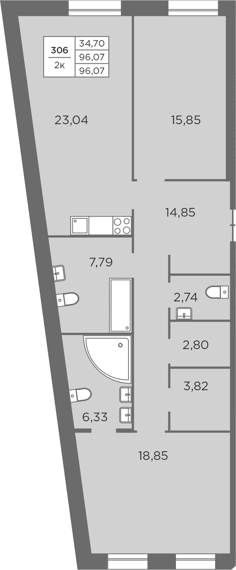 2-комнатная квартира 96.07 м², 3/8 эт., ЖК «Северная Корона»